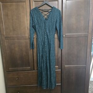 Vintage Lace Duster Fairy Whimsigoth Boho 80s Long Sleeve Button Green Womens M